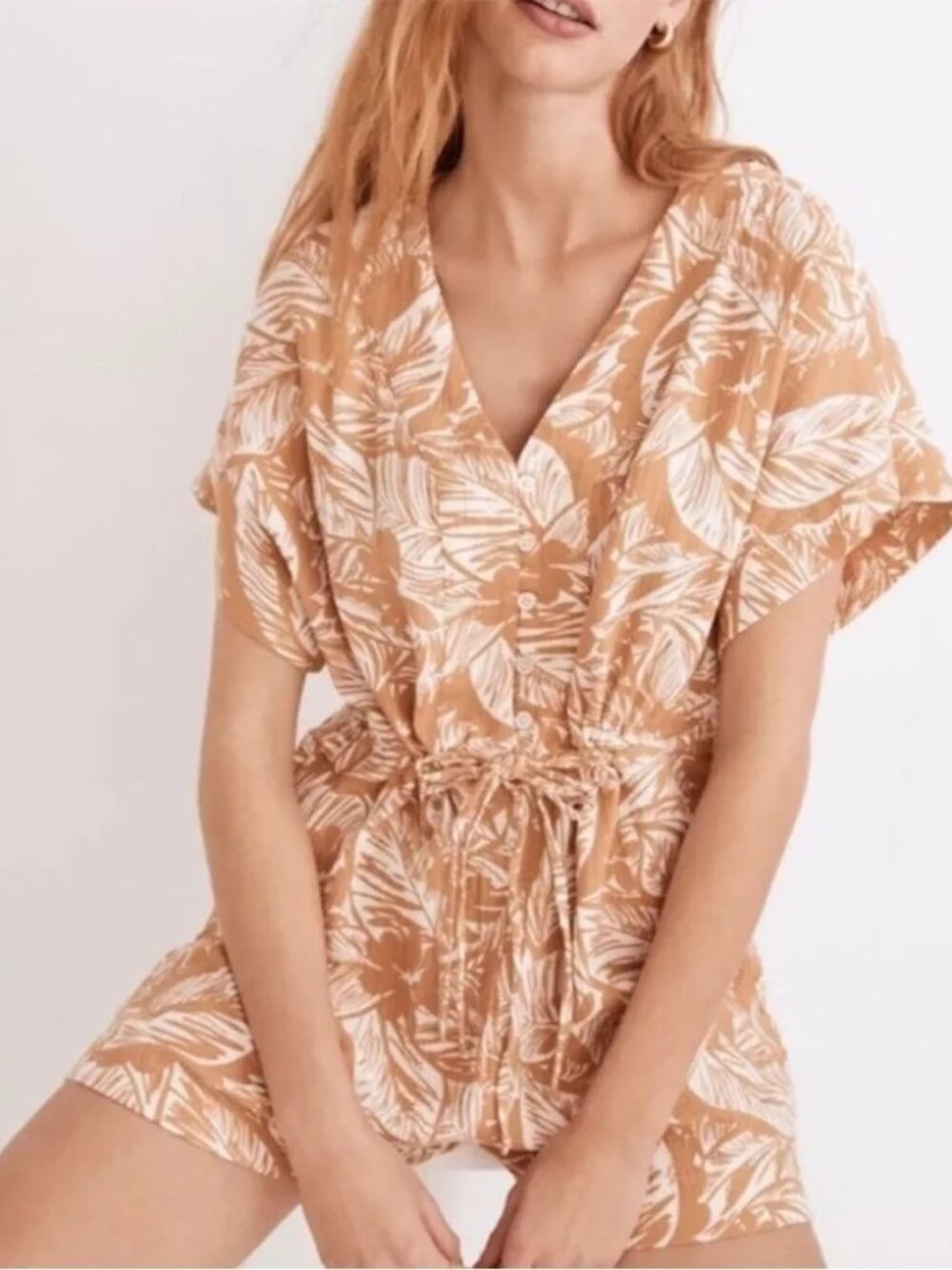 Madewell Palm Print Drawstring Romper Cover-up